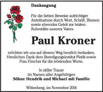 Traueranzeige von Paul Kroner von Super Sonntag Wittenberg