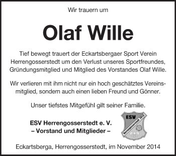Traueranzeige von Olaf Wille von WVG - Wochenspiegel NMB / WSF / ZTZ