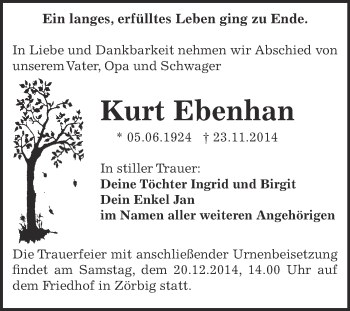Traueranzeige von Kurt Ebenhan von WVG - Wochenspiegel Bitterfeld
