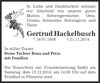 Traueranzeige von Gertrud  Hackelbusch von Super Sonntag Bernburg