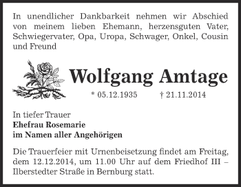Traueranzeige von Wolfgang Amtage von Super Sonntag Bernburg