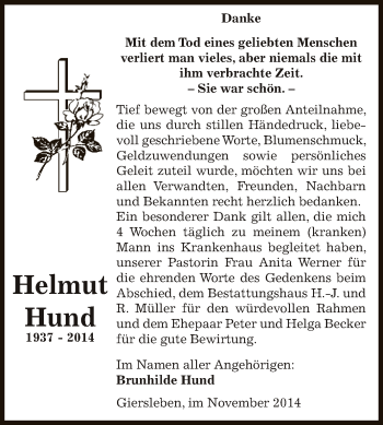 Traueranzeige von Helmut Hund von WVG - Wochenspiegel Aschersleben