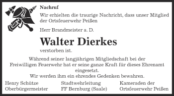 Traueranzeige von Walter Dierkes von Super Sonntag Bernburg