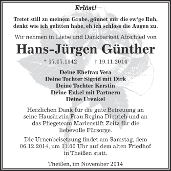 Traueranzeige von Hans-Jürgen Günther von Super Sonntag Zeitz