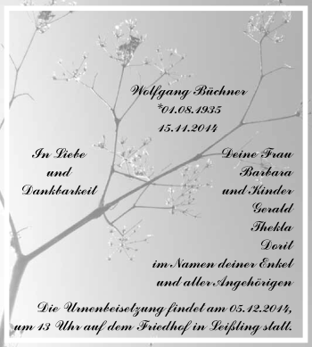 Traueranzeige von Wolfgang Büchner von WVG - Wochenspiegel NMB / WSF / ZTZ