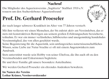 Traueranzeige von Gerhard Proeseler von WVG - Wochenspiegel Aschersleben