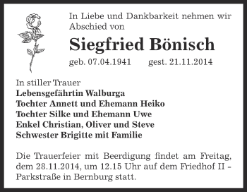 Traueranzeige von Siegfried Bönisch von Super Sonntag Bernburg