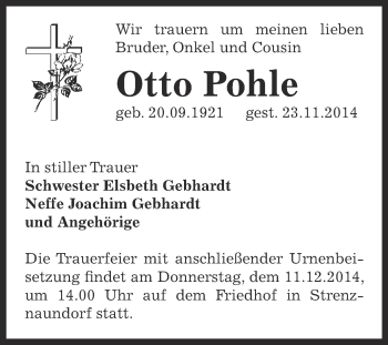 Traueranzeige von Otto  Pohle von Super Sonntag Bernburg