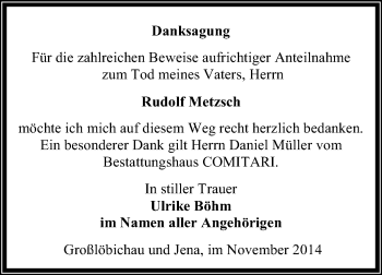 Traueranzeige von Rudolf Metzsch von WVG - Wochenspiegel NMB / WSF / ZTZ