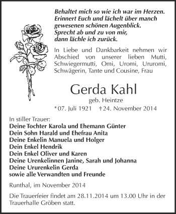 Traueranzeige von Gerda Kahl von WVG - Wochenspiegel NMB / WSF / ZTZ