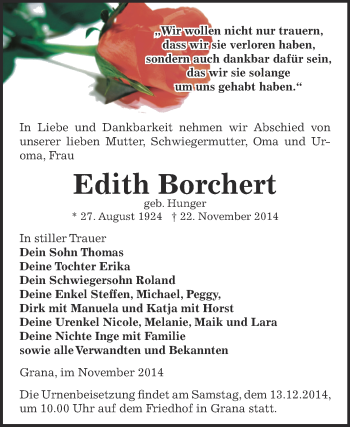 Traueranzeige von Edith  Borchert von Super Sonntag Zeitz