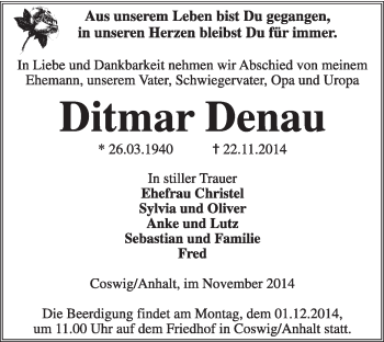 Traueranzeige von Ditmar Denau von Super Sonntag Wittenberg
