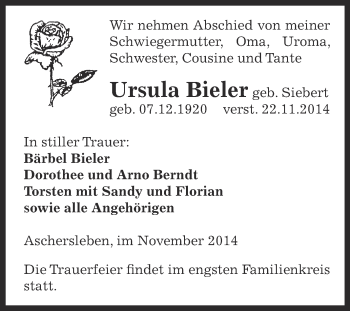 Traueranzeige von Ursula Bieler von Super Sonntag Aschersleben