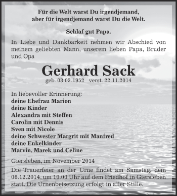 Traueranzeige von Gerhard Sack von Super Sonntag Aschersleben