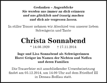 Traueranzeige von Christa Sonnabend von WVG - Wochenspiegel Dessau / Köthen