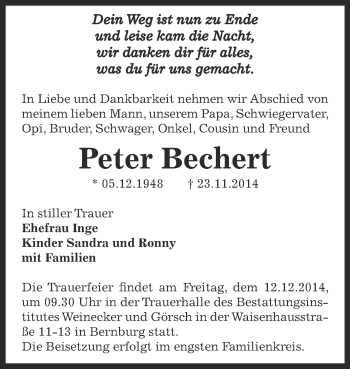 Traueranzeige von Peter  Bechert von Super Sonntag Bernburg