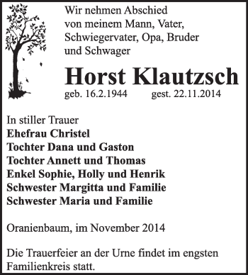 Traueranzeige von Horst Klautzsch von WVG - Wochenspiegel Wittenberg