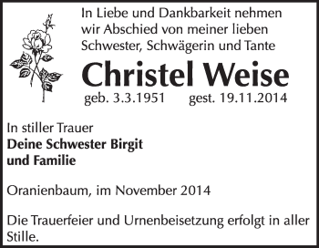 Traueranzeige von Christel Weise von WVG - Wochenspiegel Wittenberg