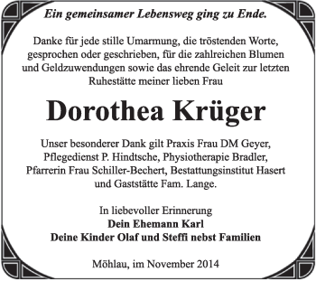 Traueranzeige von Dorothea Krüger von Super Sonntag Wittenberg