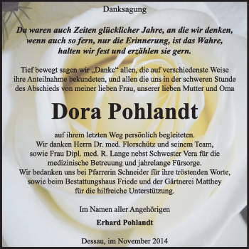Traueranzeige von Dora Pohlandt von Super Sonntag Dessau / Köthen