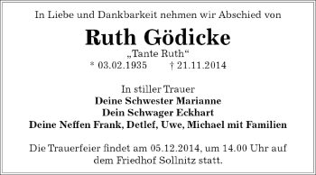 Traueranzeige von Ruth Gödicke von WVG - Wochenspiegel Dessau / Köthen