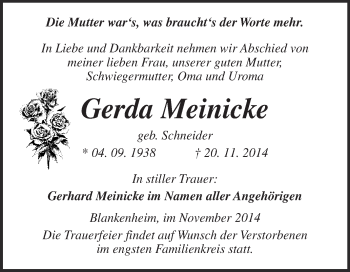 Traueranzeige von Gerda Meinicke von Super Sonntag SGH Mansf. Land