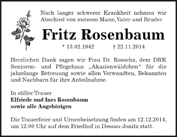 Traueranzeige von Fritz Rosenbaum von WVG - Wochenspiegel Dessau / Köthen
