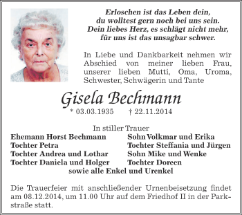 Traueranzeige von Gisela  Bechmann von WVG - Wochenspiegel Dessau / Köthen