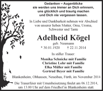 Traueranzeige von Adelheid Kögel von Super Sonntag SGH Mansf. Land