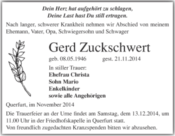 Traueranzeige von Gerd Zuckschwert von WVG - Wochenspiegel Merseburg