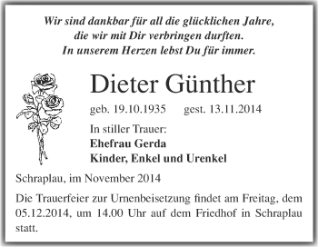 Traueranzeige von Dieter Günther von WVG - Wochenspiegel Merseburg