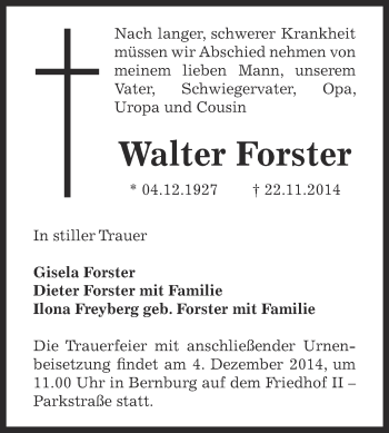 Traueranzeige von Walter  Forster von Super Sonntag Bernburg