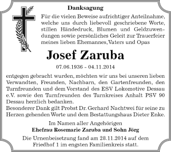 Traueranzeige von Josef Zaruba von WVG - Wochenspiegel Dessau / Köthen
