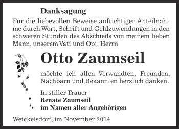 Traueranzeige von Otto Zaumseil von Super Sonntag Zeitz