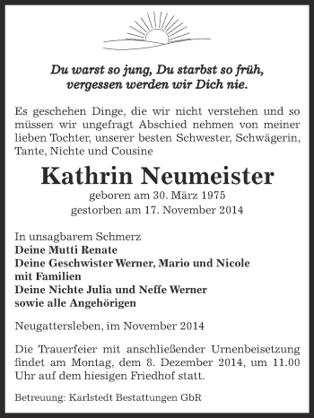 Traueranzeige von Kathrin Neumeister von Super Sonntag Bernburg