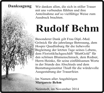 Traueranzeige von Rudolf Behm von Super Sonntag Quedlinburg