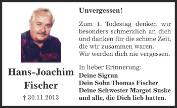 Traueranzeige von Hans-Joachim Fischer von Super Sonntag Zeitz