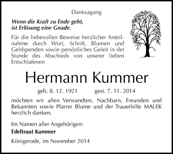 Traueranzeige von Hermann Kummer von WVG - Wochenspiegel Quedlinburg