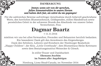 Traueranzeige von Dagmar Baartz von Super Sonntag Bernburg