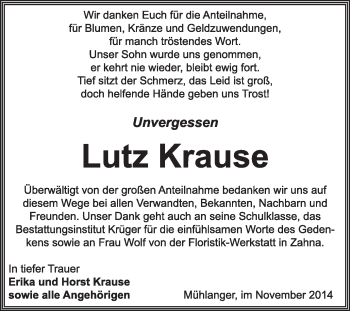 Traueranzeige von Lutz Krause von WVG - Wochenspiegel Wittenberg