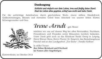 Traueranzeige von Irene Arndt von Super Sonntag Zeitz