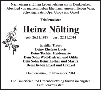 Traueranzeige von Heinz Nölting von Super Sonntag Wittenberg