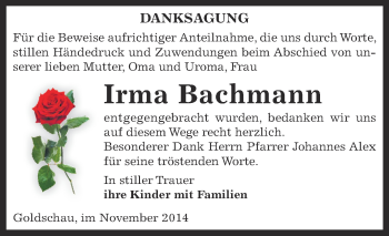 Traueranzeige von Irma  Bachmann von Super Sonntag Zeitz
