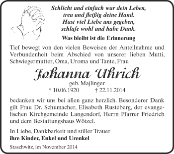 Traueranzeige von Johanna Uhrich von Super Sonntag Zeitz