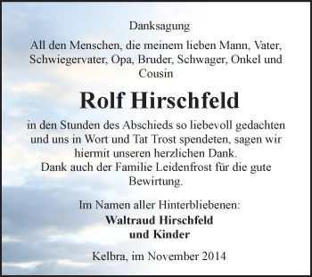 Traueranzeige von Rolf Hirschfeld von Super Sonntag SGH Mansf. Land
