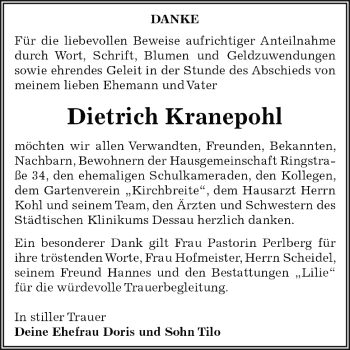 Traueranzeige von Dietrich Kranepohl von Super Sonntag Dessau / Köthen