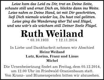 Traueranzeige von Ruth Weiland von WVG - Wochenspiegel Dessau / Köthen