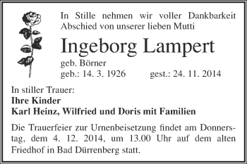 Traueranzeige von Ingeborg  Lampert von Super Sonntag Merseburg
