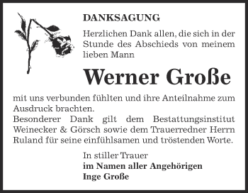 Traueranzeige von Werner Große von Super Sonntag Bernburg