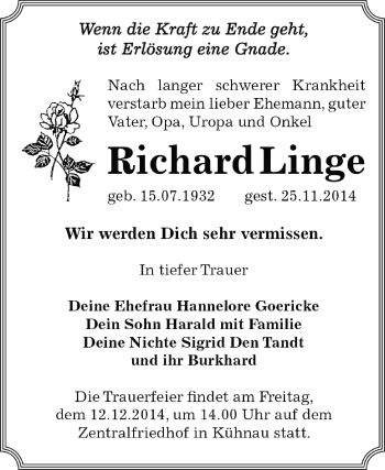 Traueranzeige von Richard Linge von WVG - Wochenspiegel Dessau / Köthen